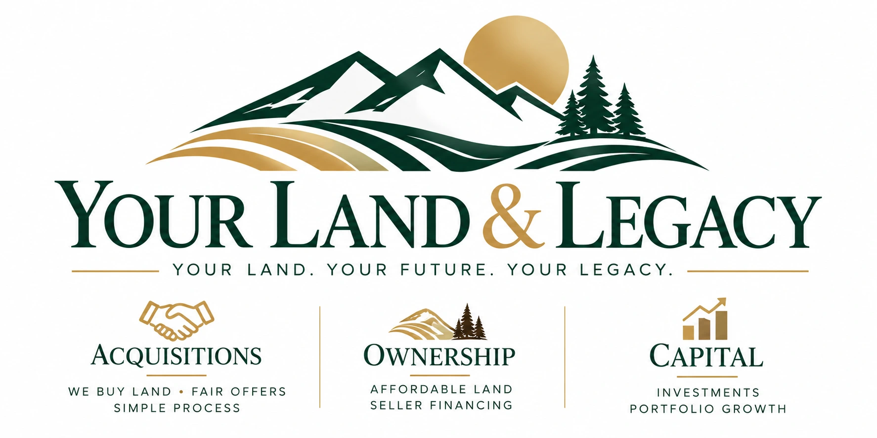 Your Land & Legacy logo: mountains and a gold sun above rolling fields, with the tagline Your Land. Your Future. Your Legacy.